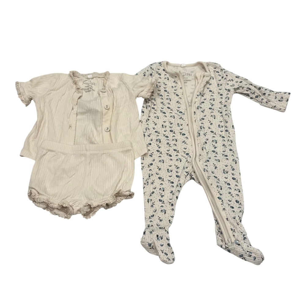 MORI Sleeper Cardigan Bloomers Baby 0-3M Cream Floral Ribbed Bamboo Cotton Set